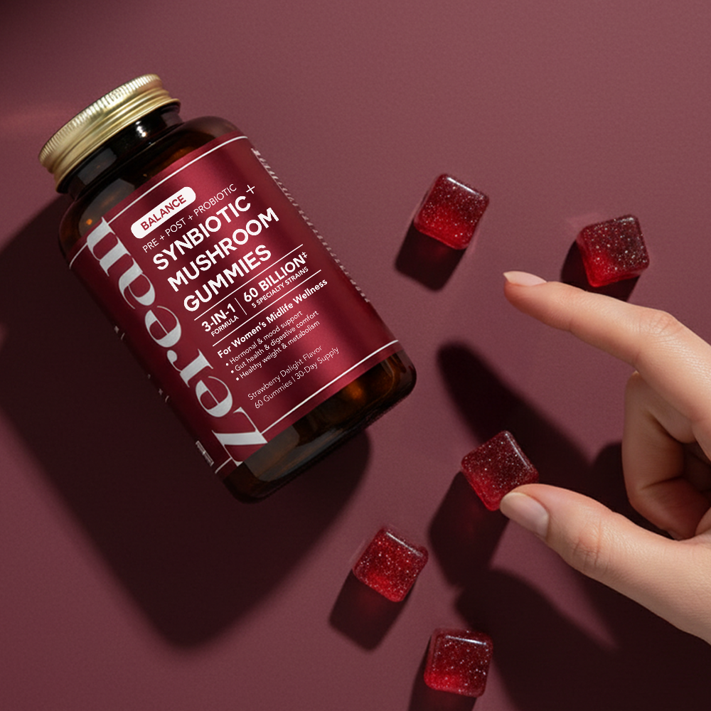 Hand reaching for Zerean Balance gummies beside bottle — 3-in-1 synbiotic and mushroom supplement for gut and hormone harmony.