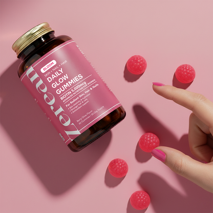 Hand reaching for raspberry-shaped Zerean Bloom gummy beside bottle — supports stronger hair, hydrated skin, and nail growth.