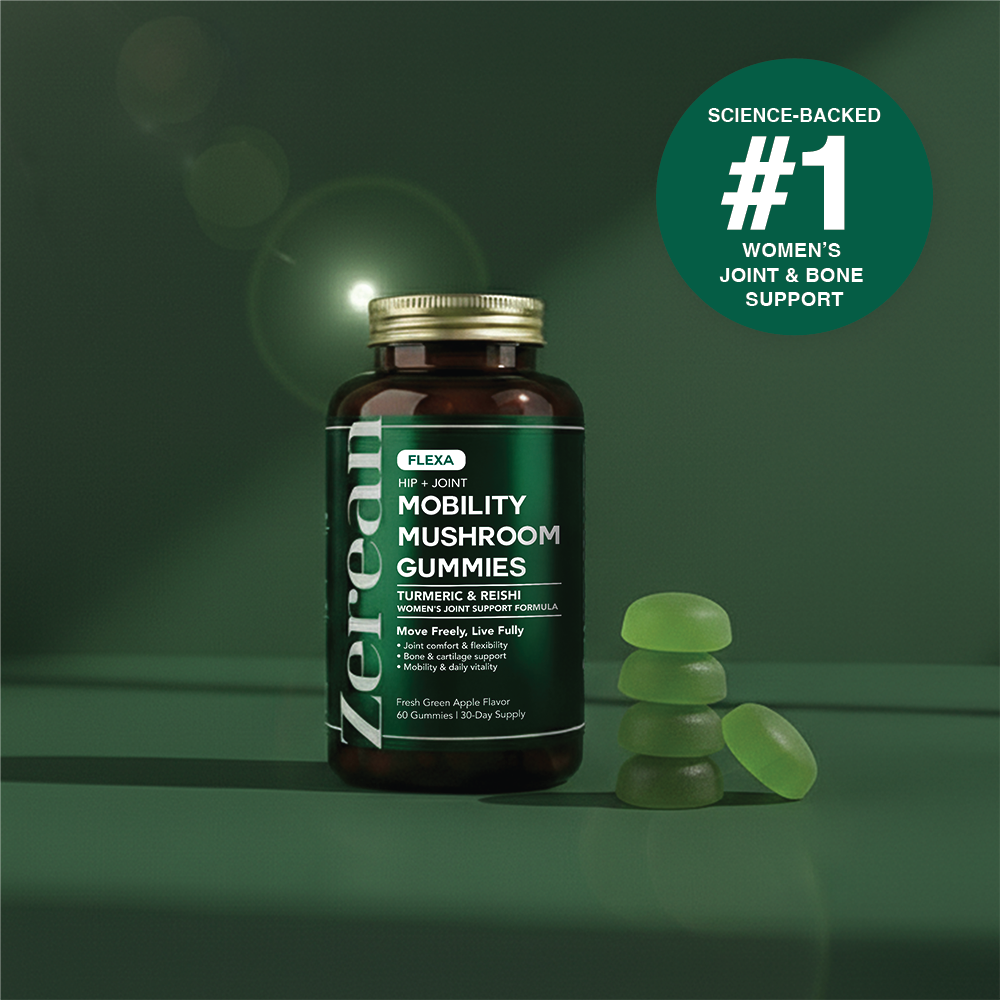 Zerean Flexa Mobility Mushroom Gummies bottle with green gummies — #1 science-backed joint and bone support for women featuring turmeric and reishi.