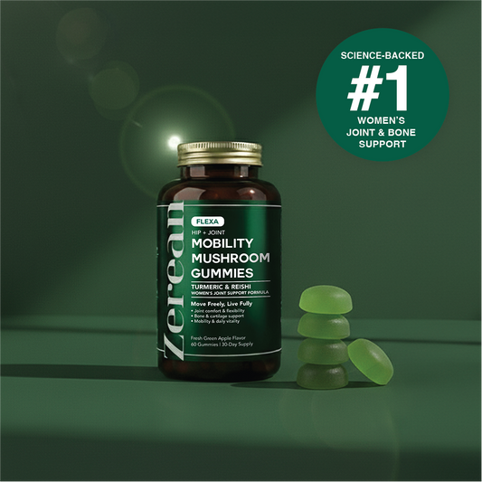 Zerean Flexa Mobility Mushroom Gummies bottle with green gummies — #1 science-backed joint and bone support for women featuring turmeric and reishi.