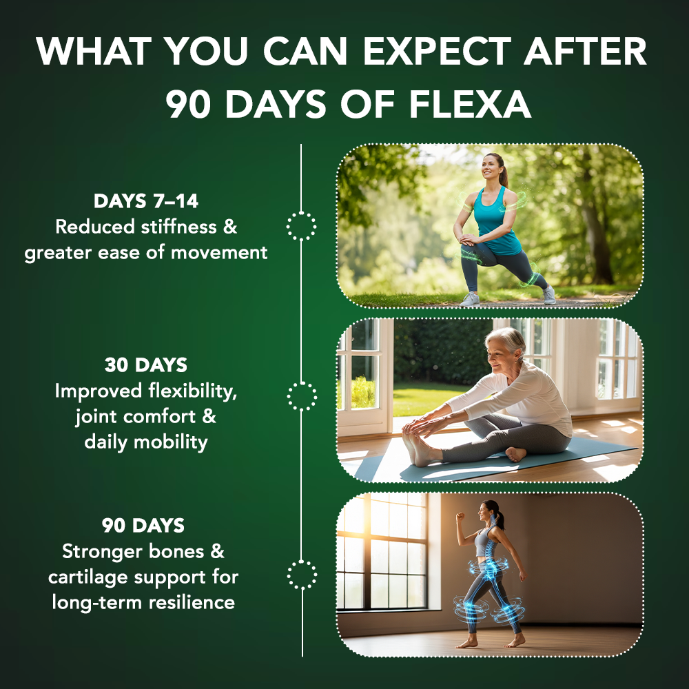 Zerean Flexa 90-day results timeline showing improved flexibility, joint comfort, and stronger bones through yoga and daily activity.
