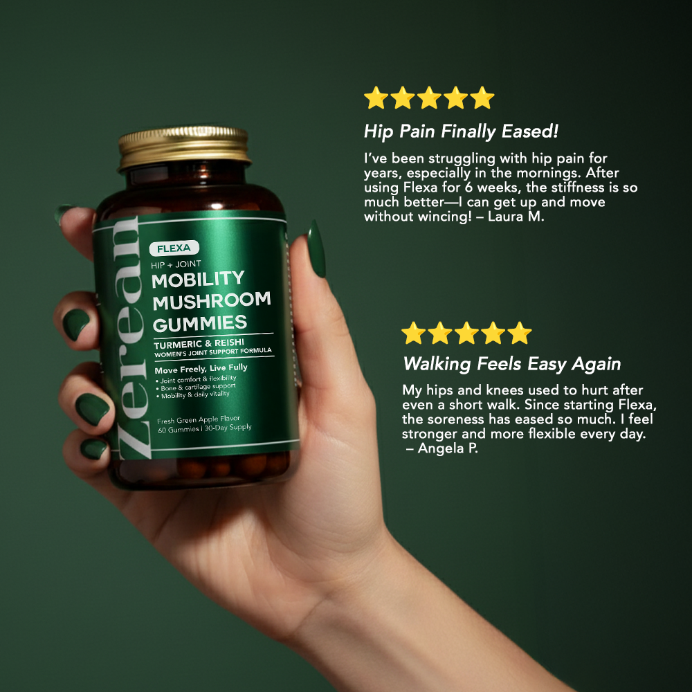 Hand holding Zerean Flexa Mobility Mushroom Gummies bottle with customer testimonials about hip pain relief and improved flexibility.