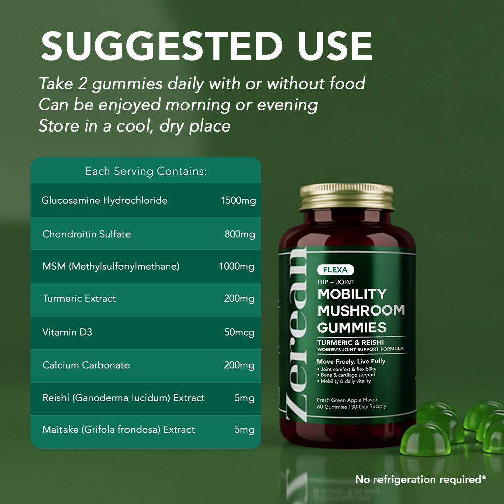 Zerean Flexa suggested use chart with serving details and ingredients list — take two gummies daily for optimal joint and bone support.