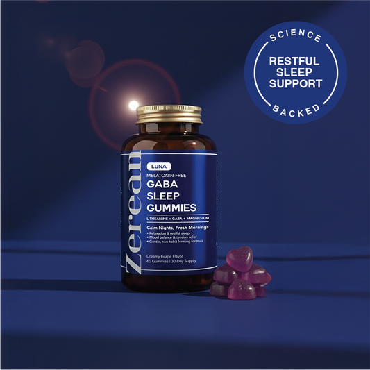 Zerean Luna GABA Sleep Gummies bottle on blue background — science-backed melatonin-free sleep support for calm nights and fresh mornings.