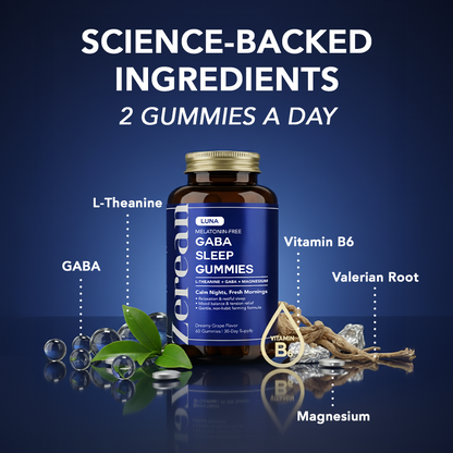 Zerean Luna bottle surrounded by natural ingredients — valerian root, GABA, L-theanine, magnesium, and vitamin B6 for deep sleep and relaxation.