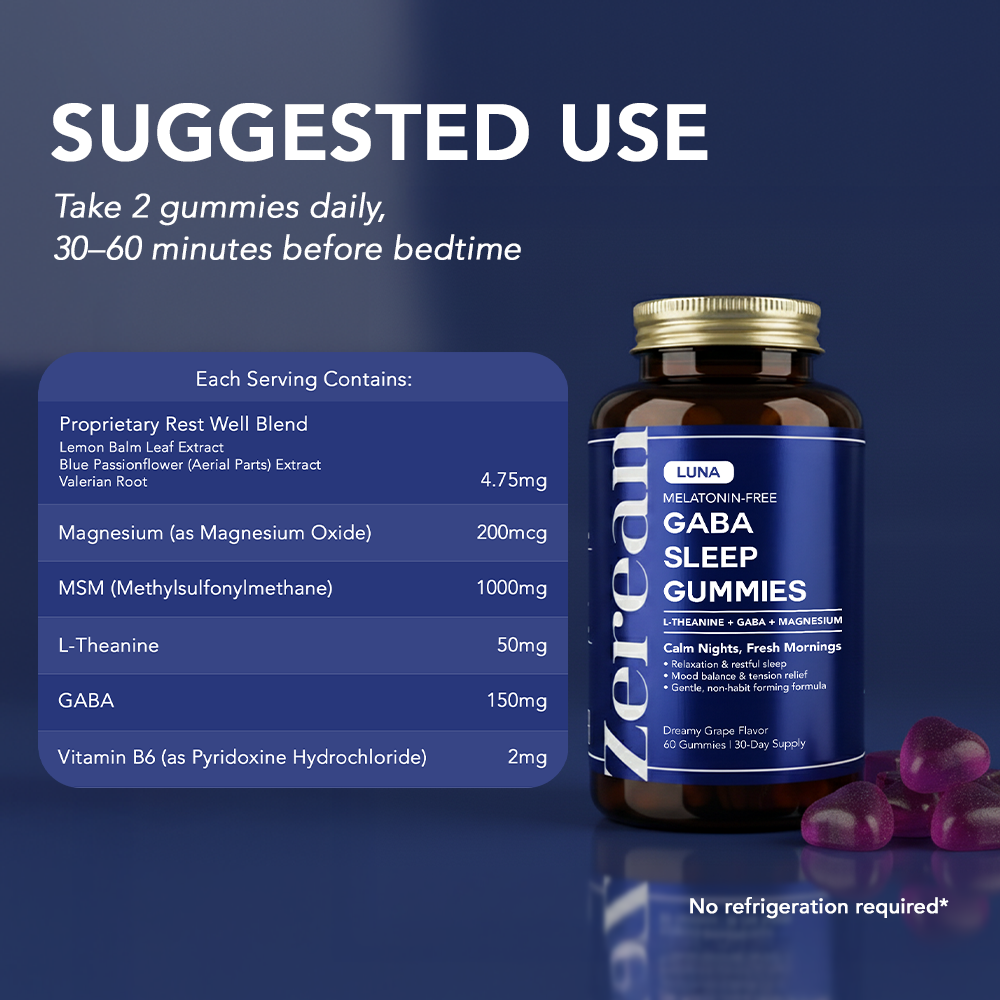 Zerean Luna suggested use chart — take 2 gummies 30–60 minutes before bedtime for restorative, melatonin-free sleep support.