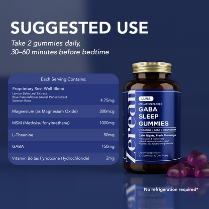 Zerean Luna suggested use chart — take 2 gummies 30–60 minutes before bedtime for restorative, melatonin-free sleep support.
