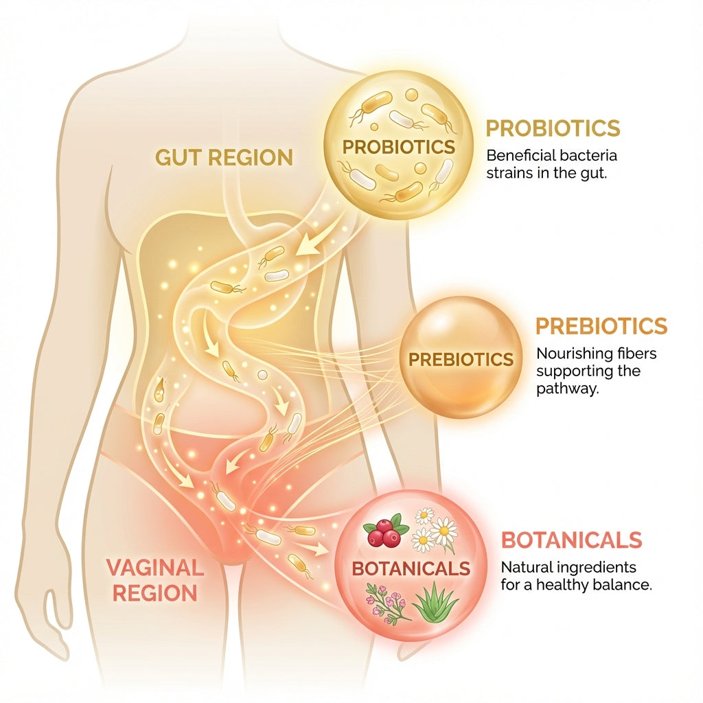 Balance gut-vaginal axis showing probiotics, prebiotics, and botanicals pathway for intimate health restoration