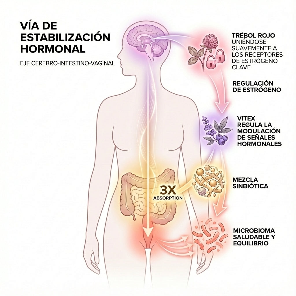 Hormone stabilization pathway showing brain-gut-vaginal axis. Red clover gently binds to estrogen receptors, vitex regulates hormonal signals, and synbiotic blend provides 3X better absorption through gut, resulting in healthy vaginal microbiome and hormonal balance for menopause intimacy support