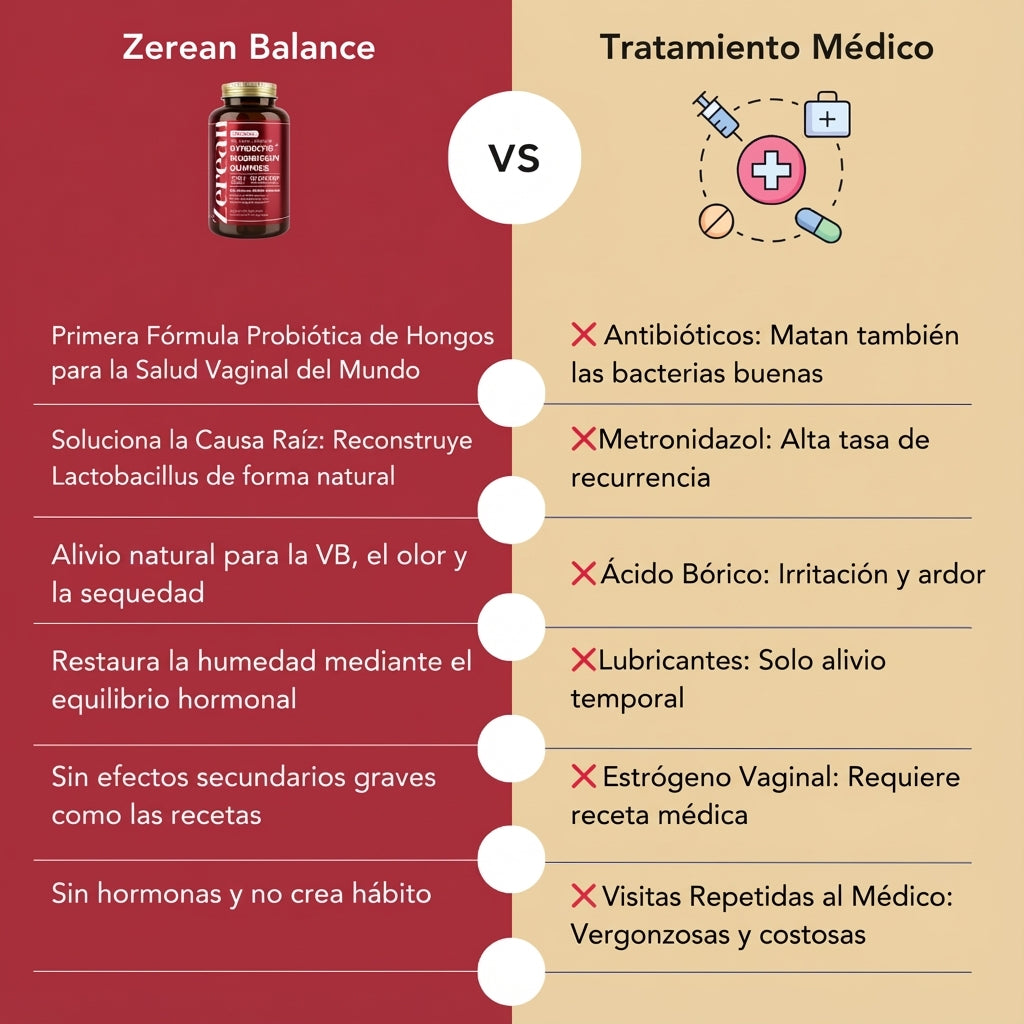 Comparison chart between Zerean Balance and medical treatment for vaginal health issues.