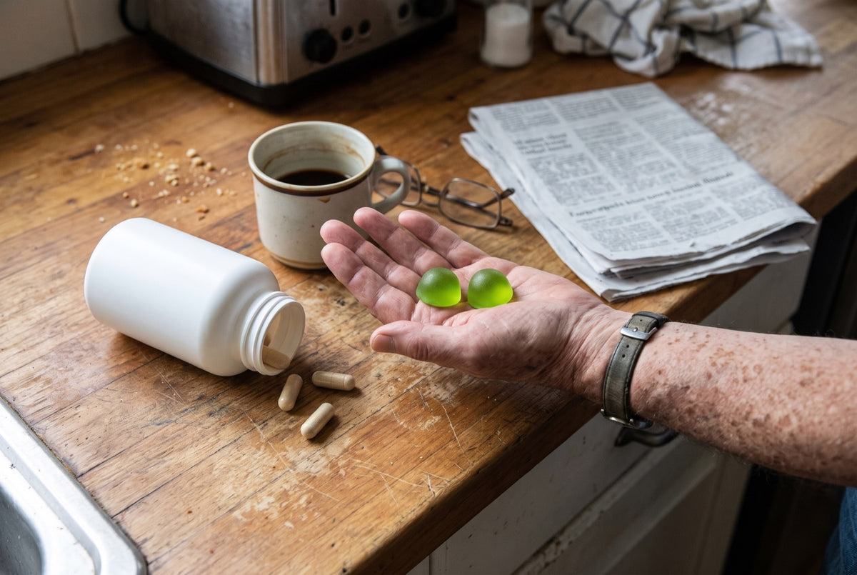 A man's hand holding two green Flexa gummies next to a tipped bottle of big capsules