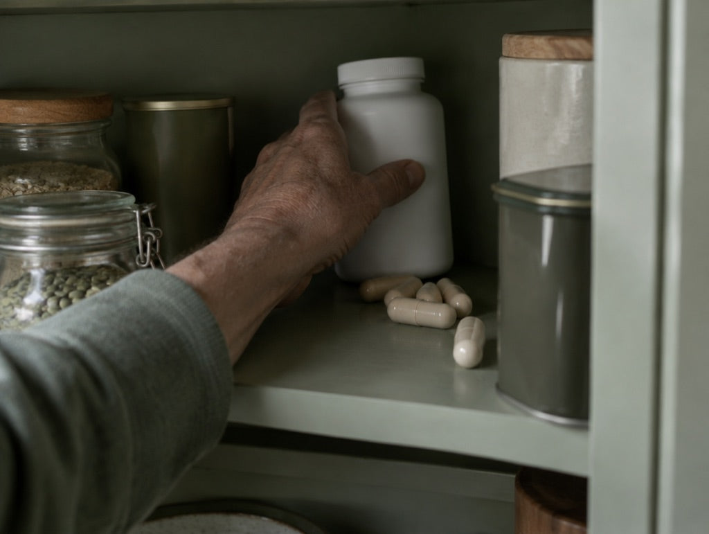 A man's hand pushing a bottle of big capsules to the back of a cupboard