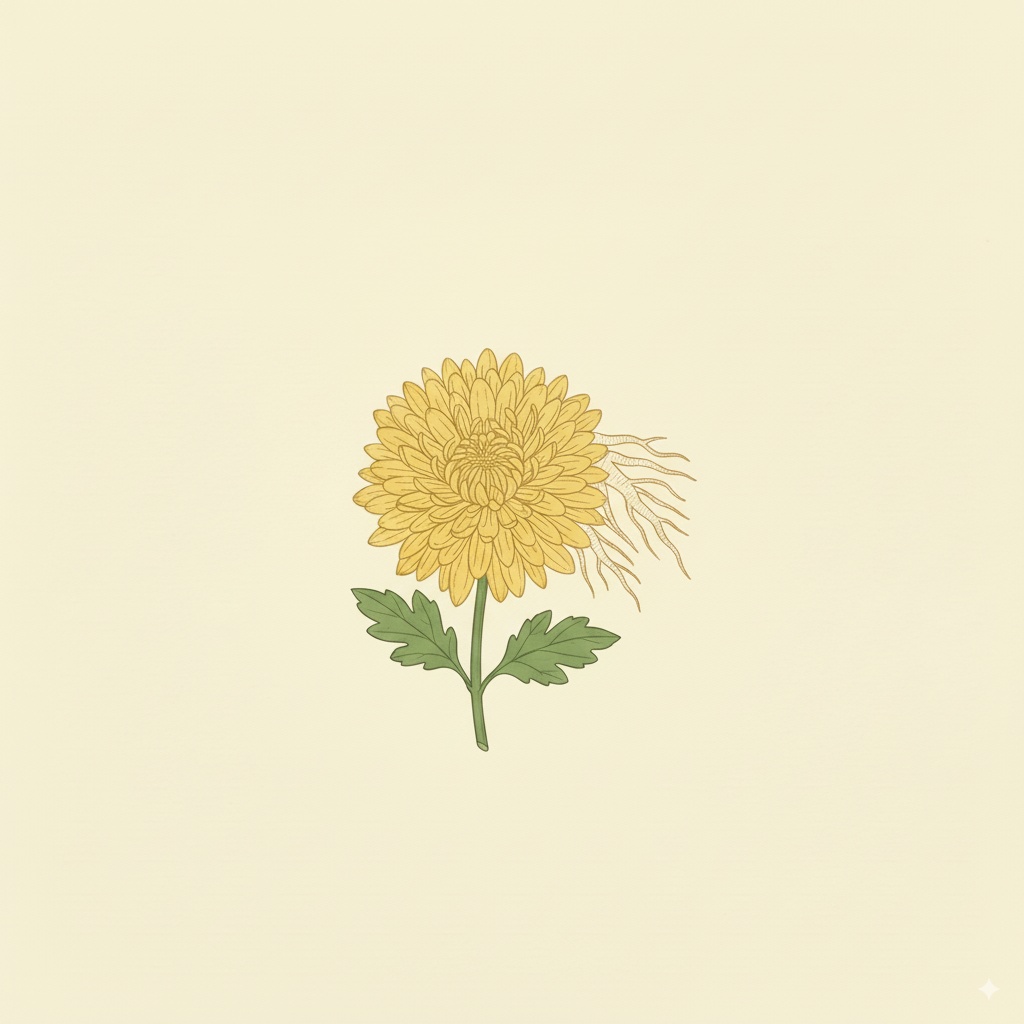 Illustration of chrysanthemum powder — natural prebiotic fiber that nourishes gut bacteria and promotes digestive comfort.
