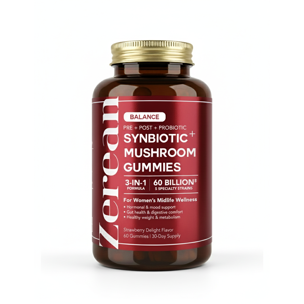 Zerean Balance Synbiotic + Mushroom Gummies — 3-in-1 probiotic formula for gut and hormone balance during menopause.