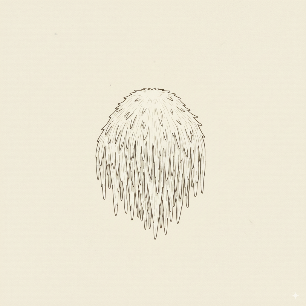 Illustration of Lion’s Mane mushroom extract — supports focus, mood resilience, and cognitive health in women’s hormonal wellness.