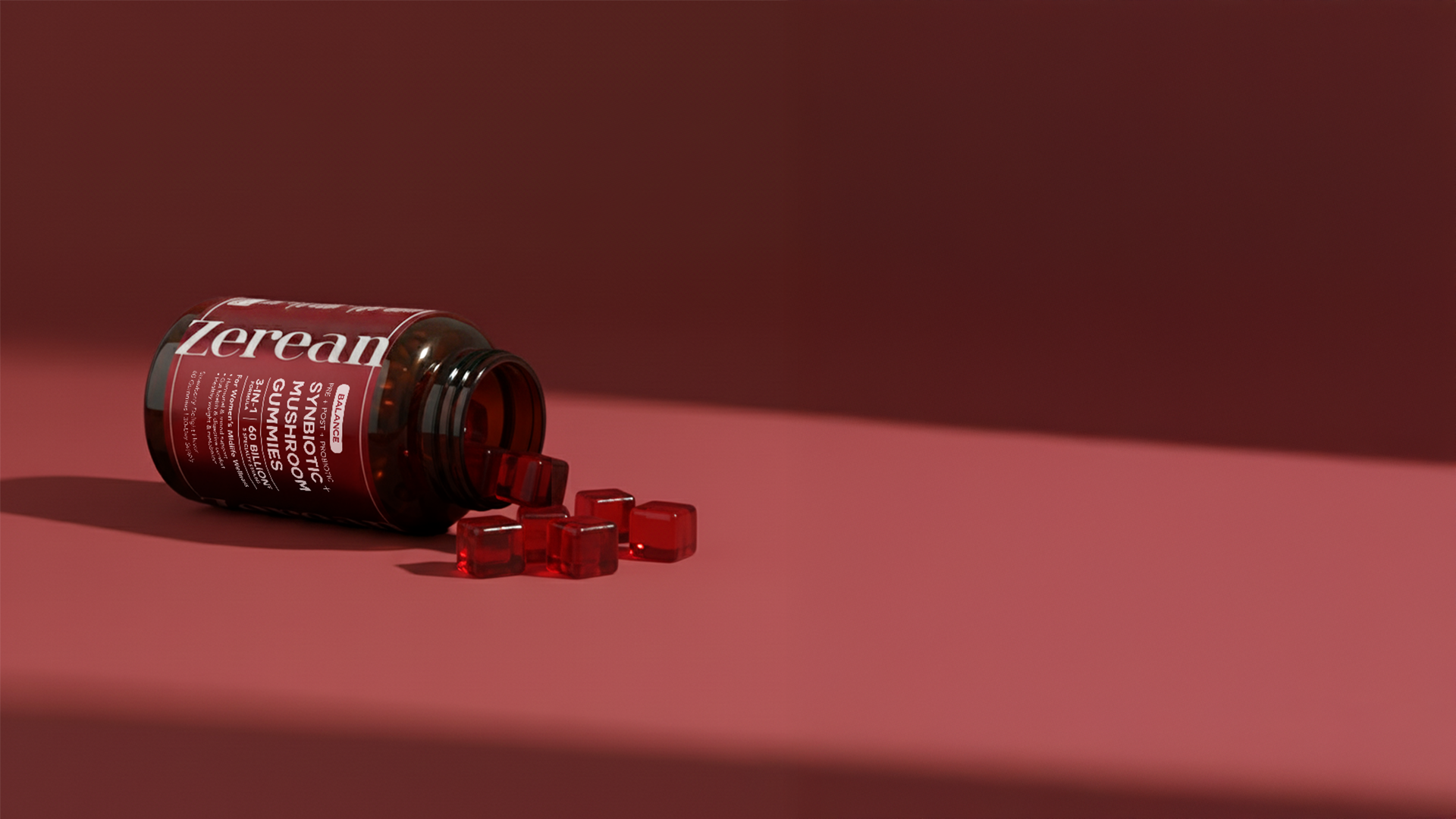 Zerean Balance bottle with red gummies — world’s first 3-in-1 mushroom + synbiotic formula for gut and hormone harmony during menopause.