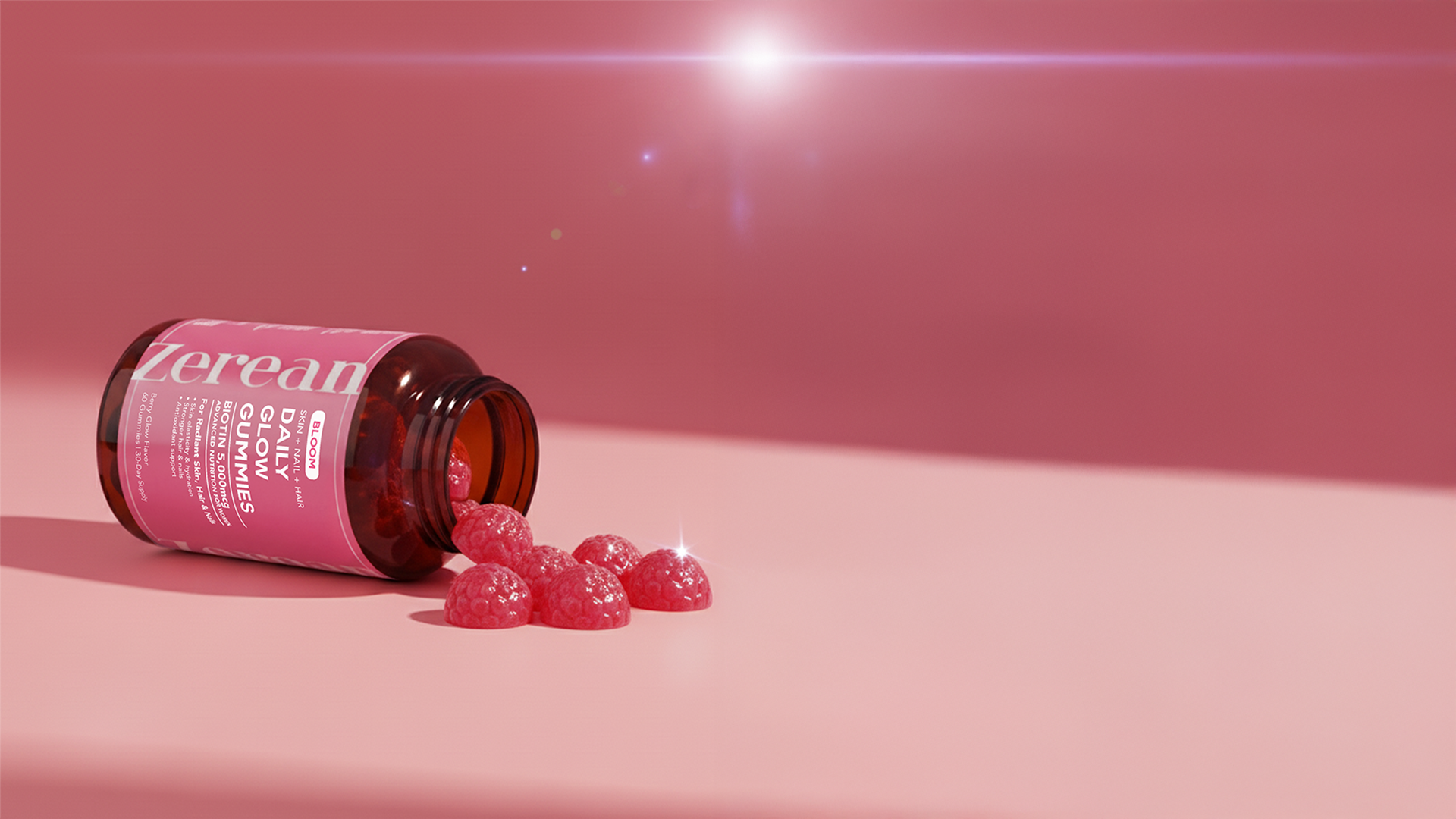 Zerean Bloom Daily Glow Gummies bottle with pink gummies — science-backed biotin, vitamin C, and E formula for radiant skin, hair, and nails.