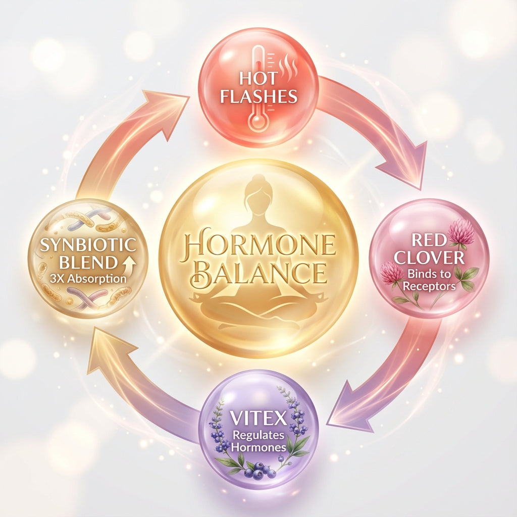 Educational infographic illustrating the hormone balance system for menopause relief. A central golden sphere features a woman's silhouette in a meditation pose with "Hormone Balance" text. Four key elements circle around it connected by gradient arrows: Hot Flashes (coral sphere with thermometer icon), Red Clover (pink sphere with clover blossoms, noting "Binds to Receptors"), Vitex (purple sphere with berries, noting "Regulates Hormones"), and Synbiotic Blend (golden sphere with probiotic bacteria imagery