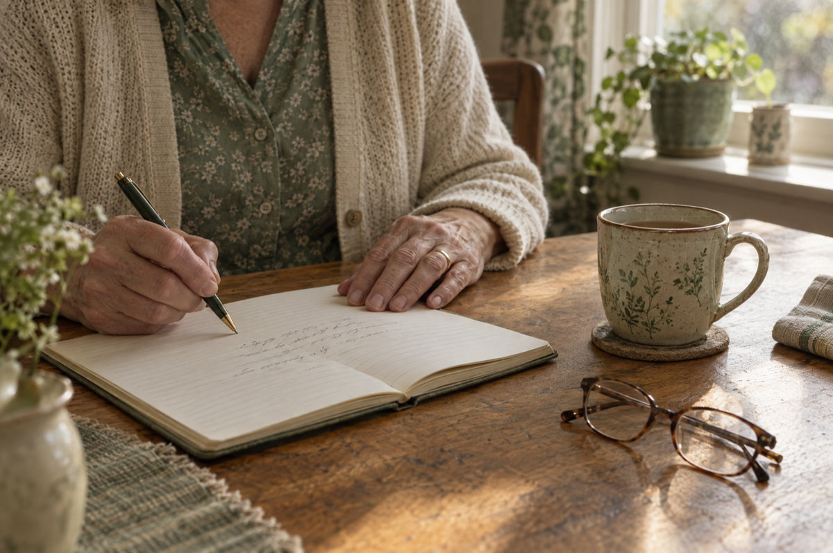 A woman writing in a notebook at a kitchen table beside a cup of tea
