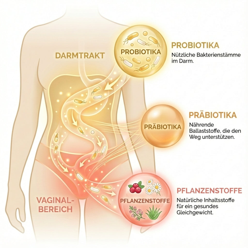 Zerean Balance Infografik zeigt Darmtrakt-Vaginalbereich-Verbindung mit Probiotika, Präbiotika und natürlichen Pflanzenstoffen für ein gesundes Mikrobiom-Gleichgewicht