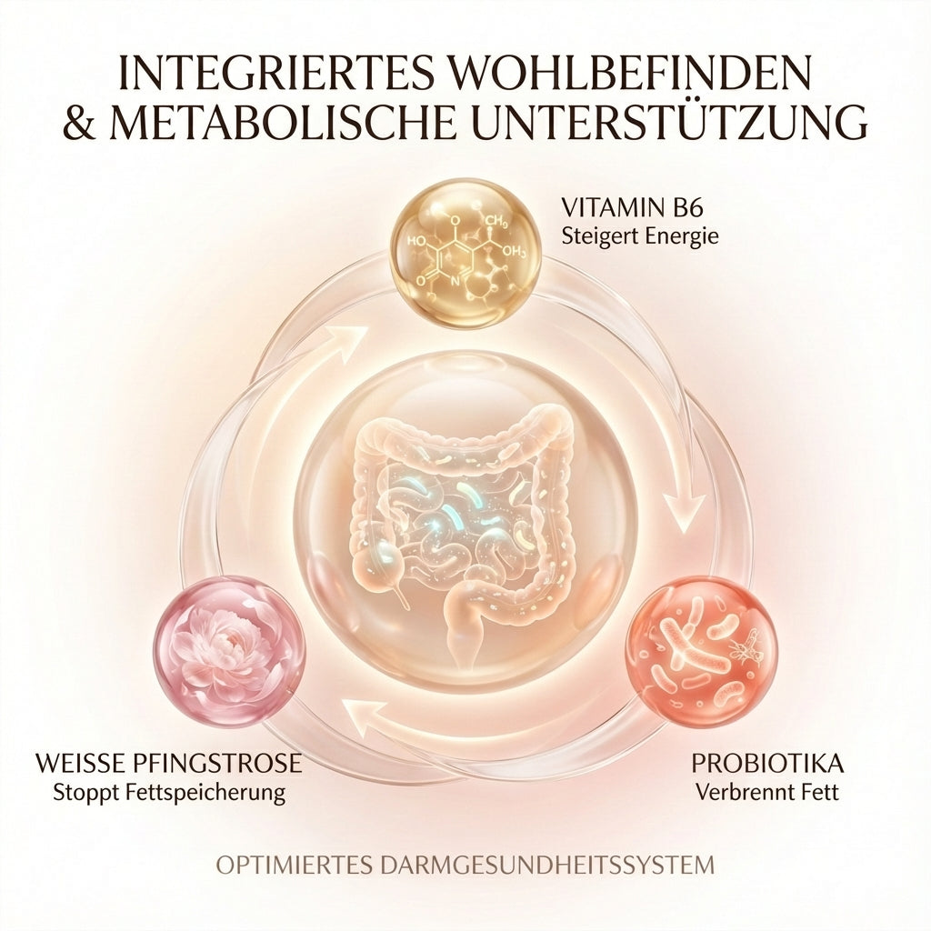 Zerean Balance Darmgesundheitssystem Infografik mit Vitamin B6 für Energie, Weißer Pfingstrose gegen Fettspeicherung und Probiotika zur Fettverbrennung für metabolische Unterstützung in den Wechseljahren