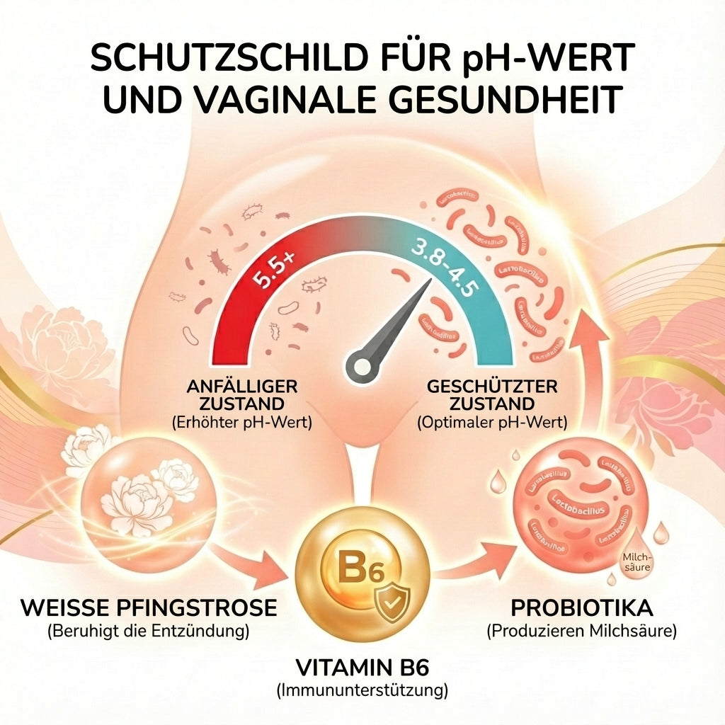 Zerean Balance Schutzschild für optimalen vaginalen pH-Wert 3.8-4.5 mit Weißer Pfingstrose gegen Entzündung, Vitamin B6 für Immunsystem und Probiotika zur MilchsäureproduktionRetry
