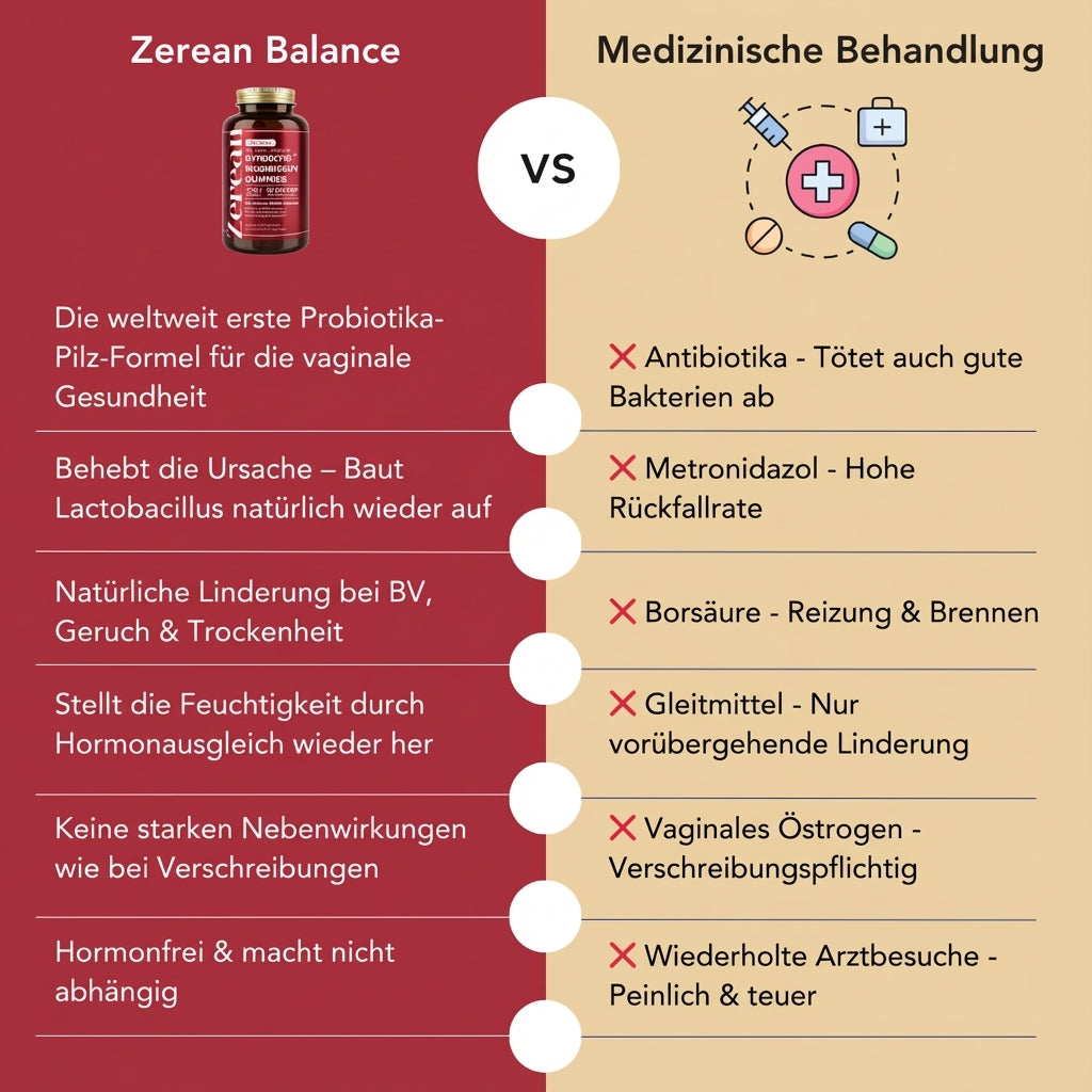 Zerean Balance Probiotika-Pilz-Formel für vaginale Gesundheit im Vergleich zu Antibiotika und Metronidazol - natürliche Linderung bei BV, Geruch und Trockenheit ohne Nebenwirkungen