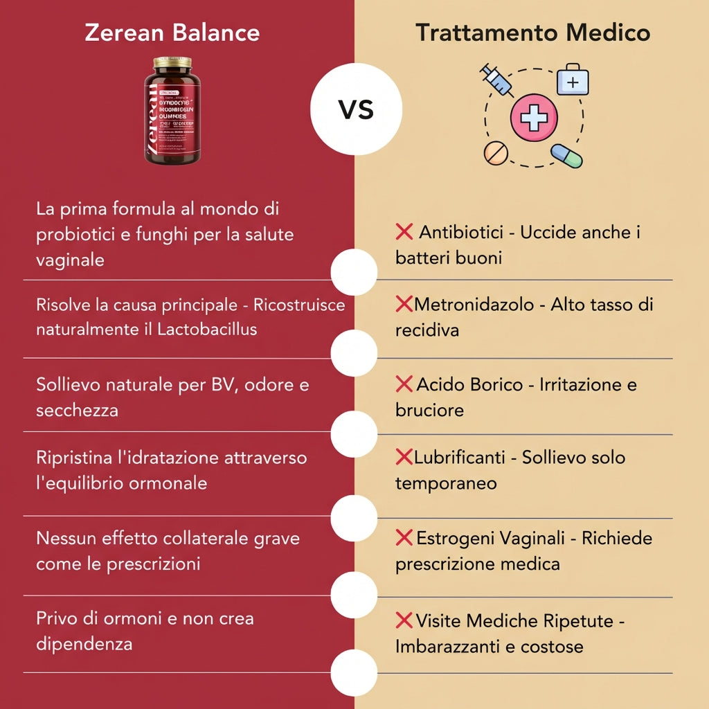Grafico comparativo in italiano che confronta Zerean Balance con i trattamenti medici tradizionali per la salute vaginale. Lato sinistro (sfondo bordeaux) mostra il prodotto Zerean Balance con sei benefici tra cui: prima formula mondiale di probiotici e funghi per la salute vaginale, ricostruzione naturale del Lactobacillus, sollievo per BV/odore/secchezza, ripristino dell'idratazione attraverso l'equilibrio ormonale, nessun effetto collaterale grave, e formula priva di ormoni. Lato destro (sfondo rosa) ele