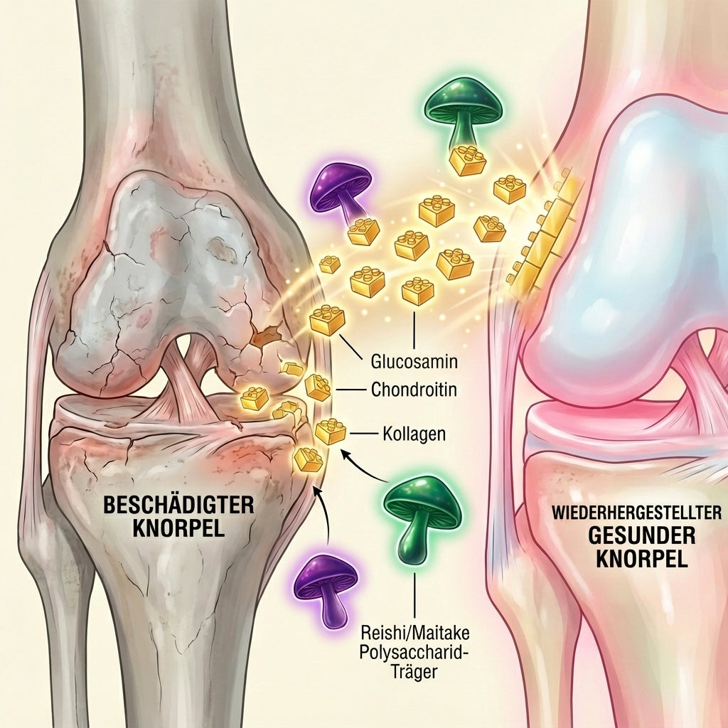 Zerean Flexa Knorpelreparatur Infografik zeigt beschädigten vs wiederhergestellten gesunden Knorpel mit Reishi und Maitake Polysaccharid-Trägern die Glucosamin, Chondroitin und Kollagen liefern
