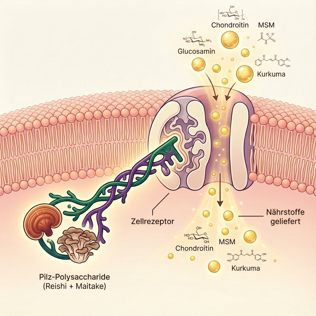 Zerean Flexa zelluläre Aufnahme Infografik zeigt wie Pilz-Polysaccharide aus Reishi und Maitake als Träger fungieren um Glucosamin, Chondroitin, MSM und Kurkuma durch Zellrezeptoren zu liefern