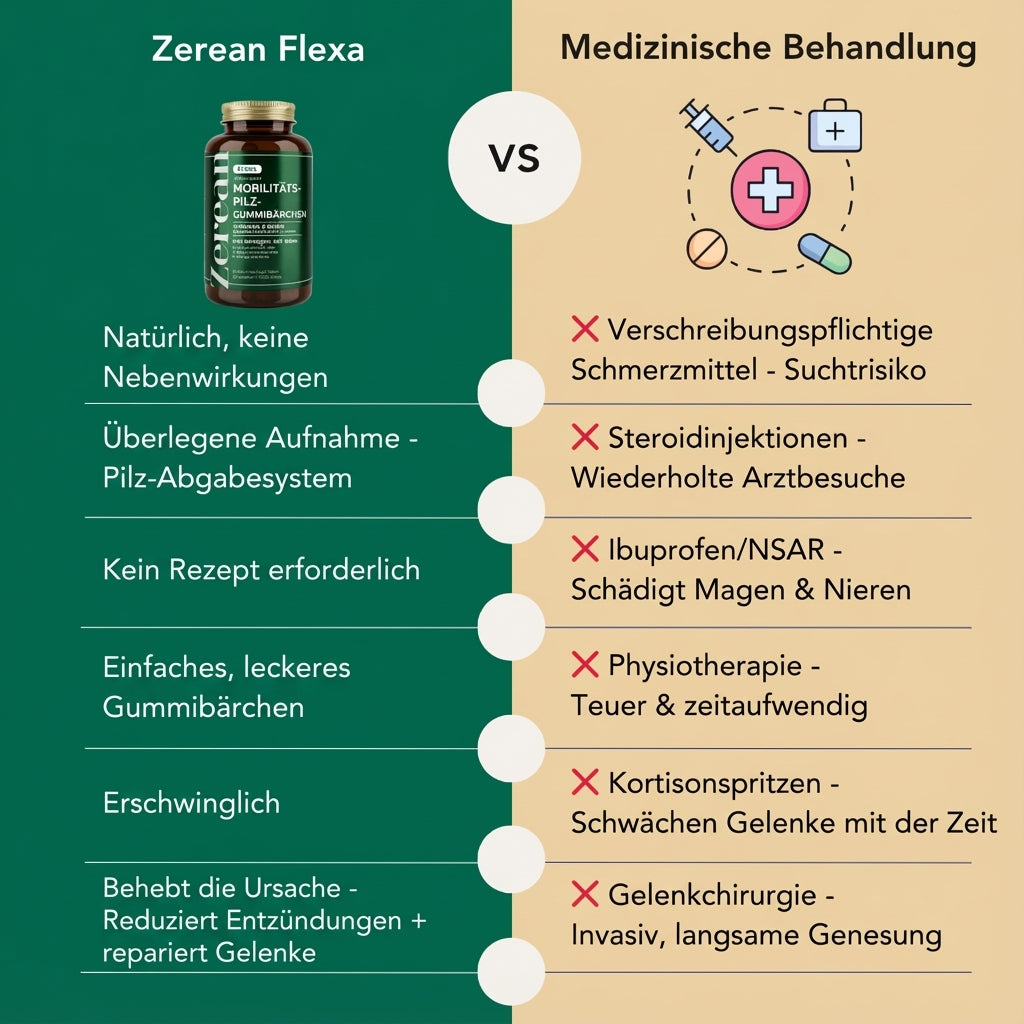 Zerean Flexa Pilz-Gummibärchen im Vergleich zu medizinischer Behandlung wie Schmerzmittel, Steroidinjektionen, Ibuprofen und Kortisonspritzen - natürliche Gelenkunterstützung ohne Nebenwirkungen